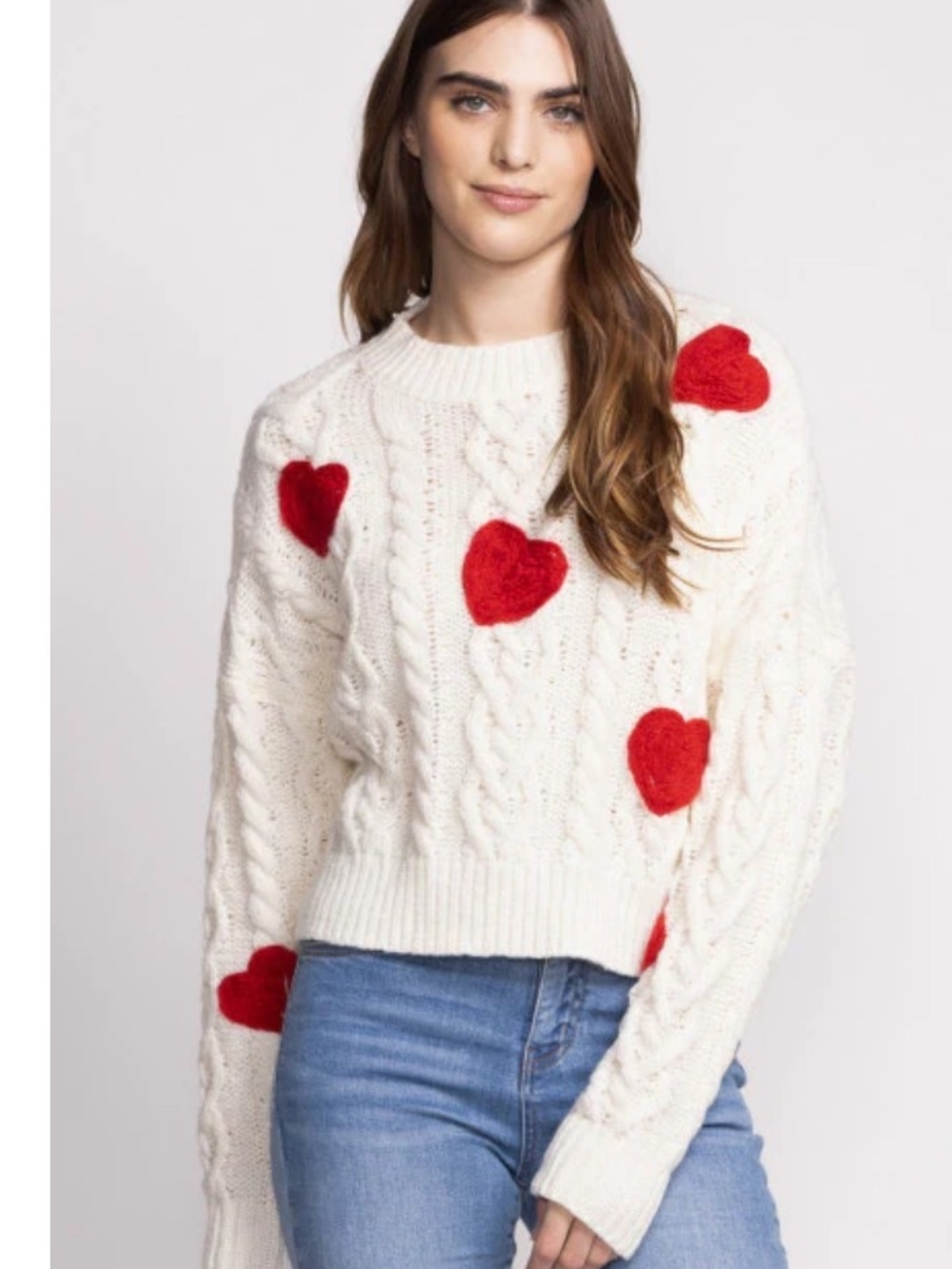 Pink Martini Cream Cable Knit Sweater with Red Heart Details